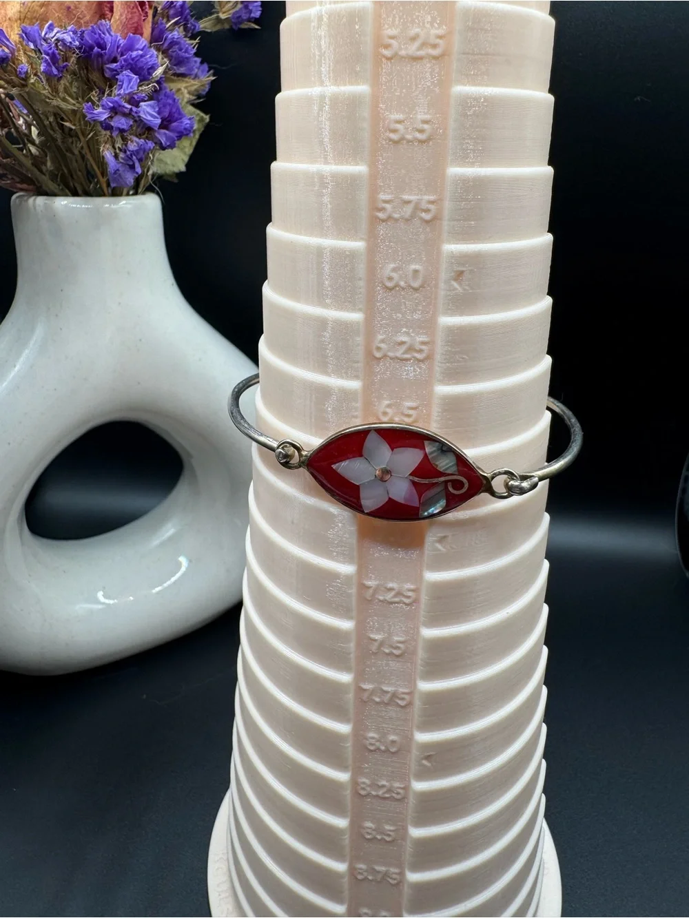 Mexican Silver Alpaca Bangle Bracelet with Red Enamel & MOP Floral Inlay